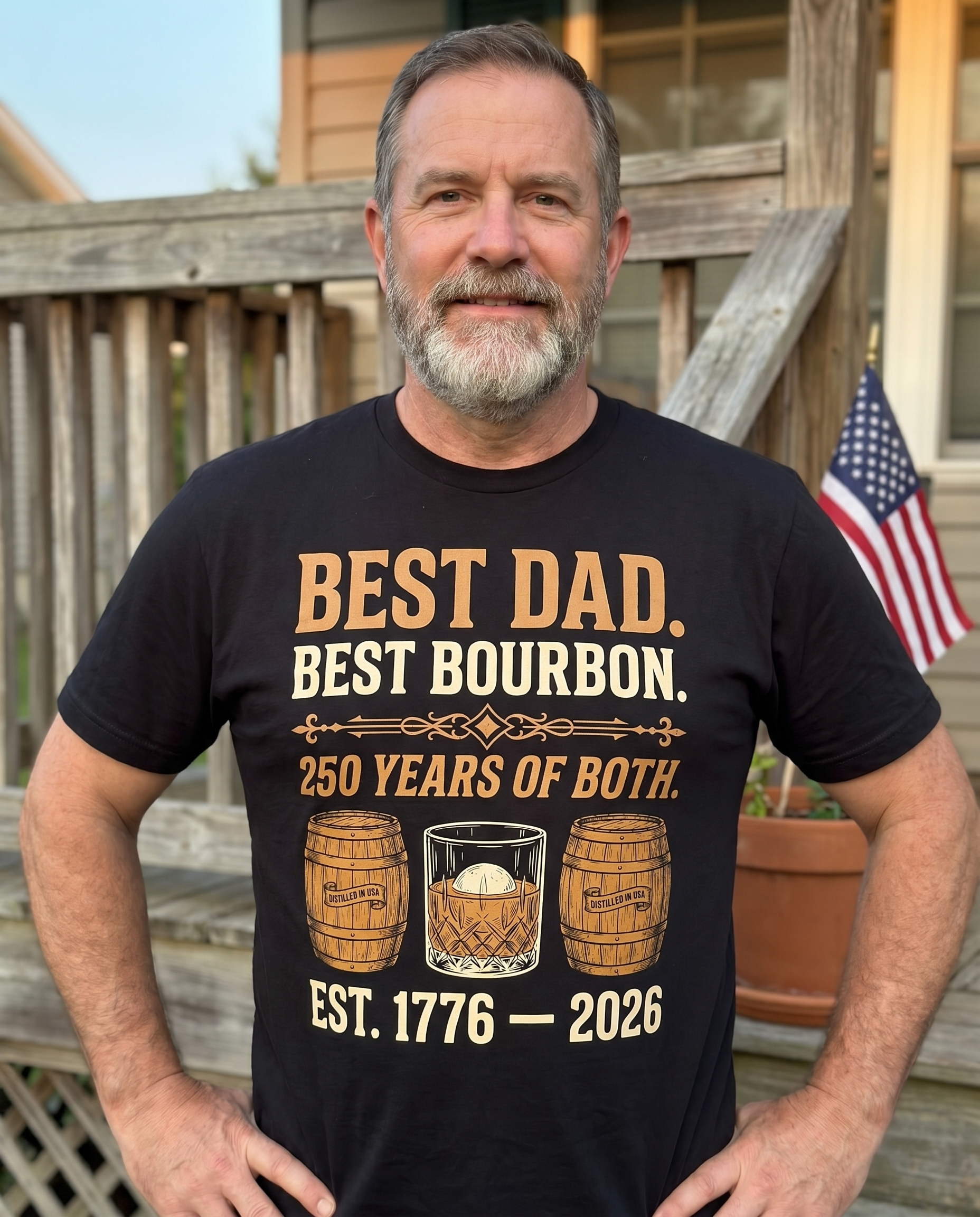Dad wearing Best Dad Best Bourbon t-shirt on front porch evening