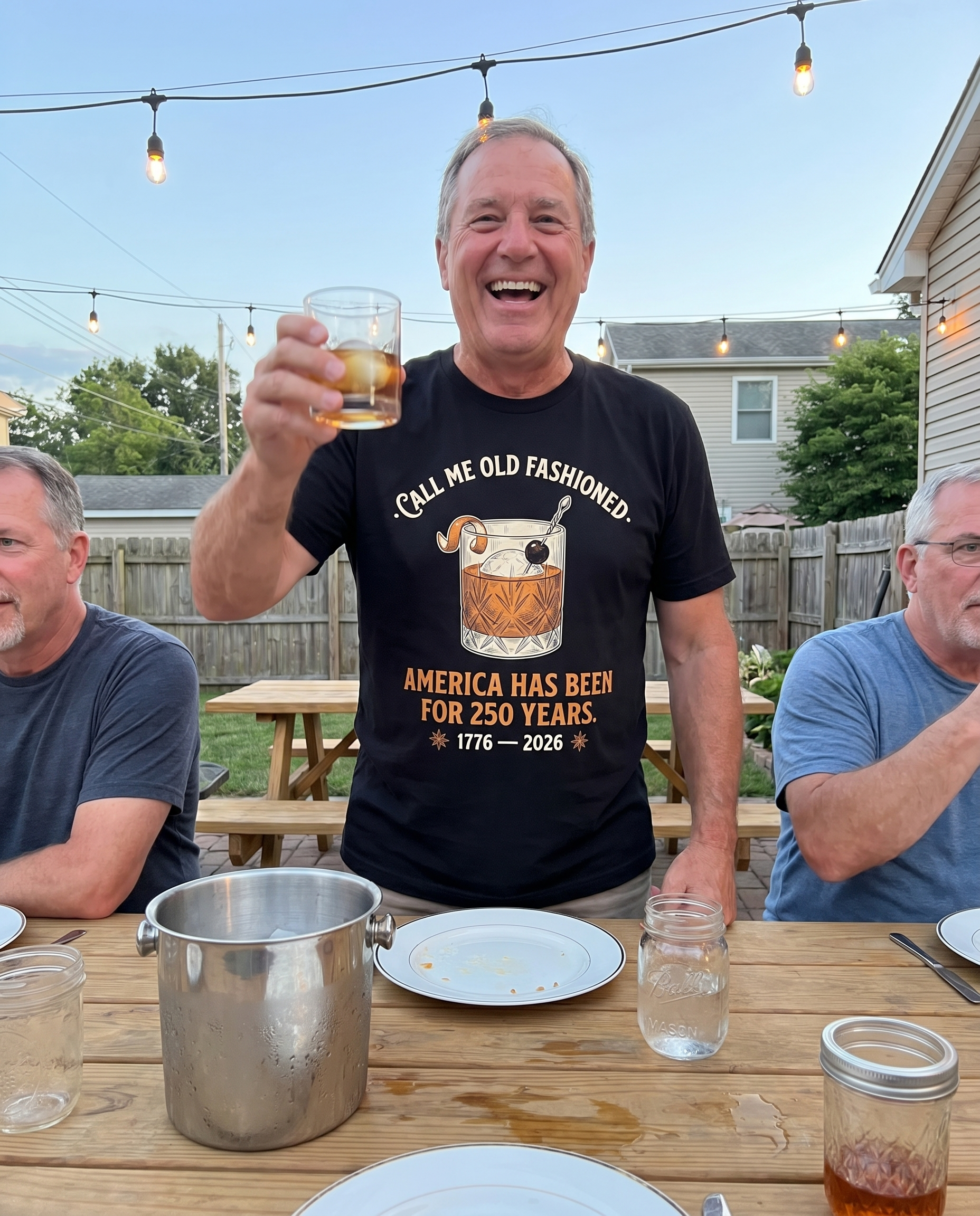 Dad wearing Call Me Old Fashioned t-shirt at BBQ with friends toasting