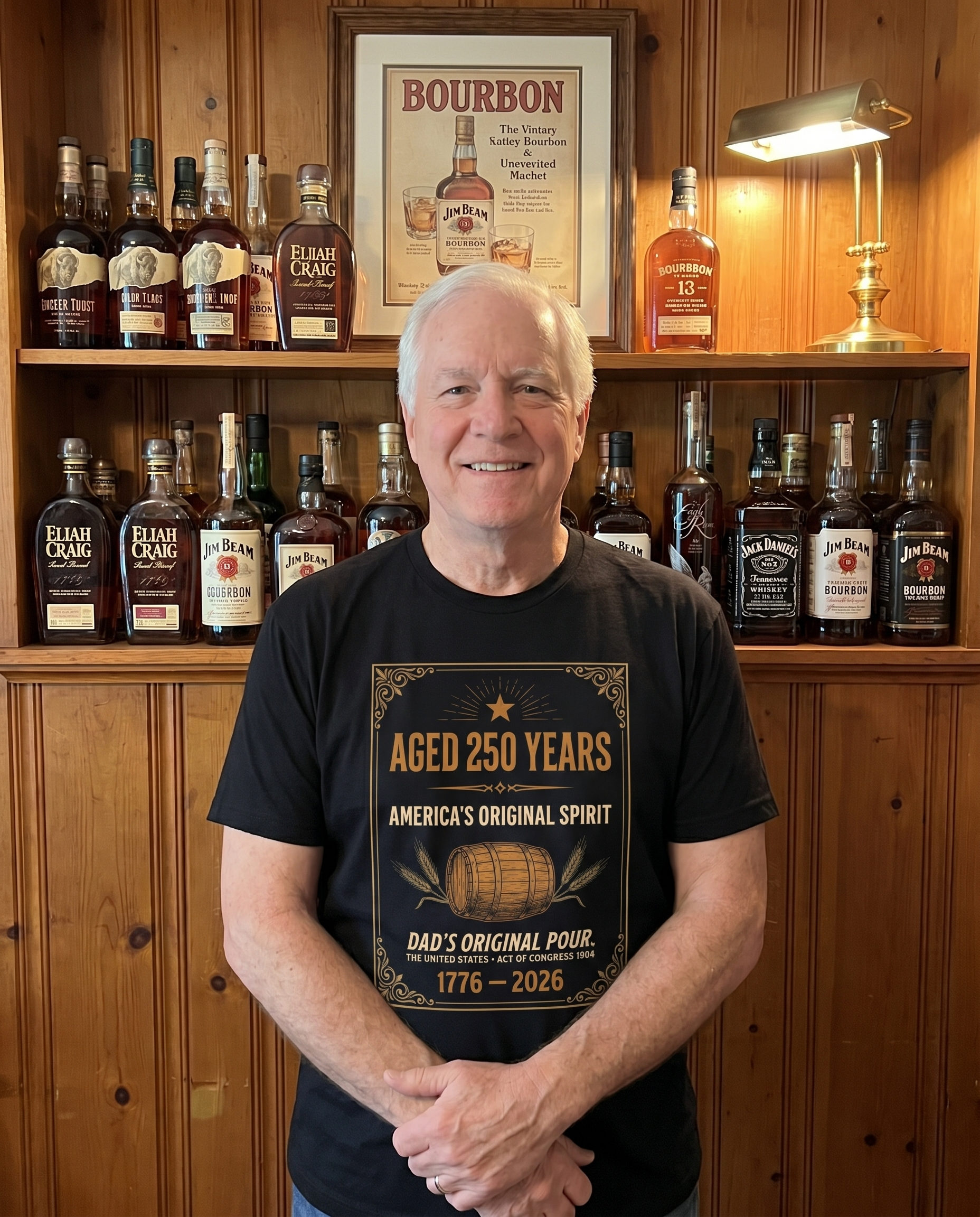 Dad wearing Aged 250 Years t-shirt in front of bourbon collection shelf