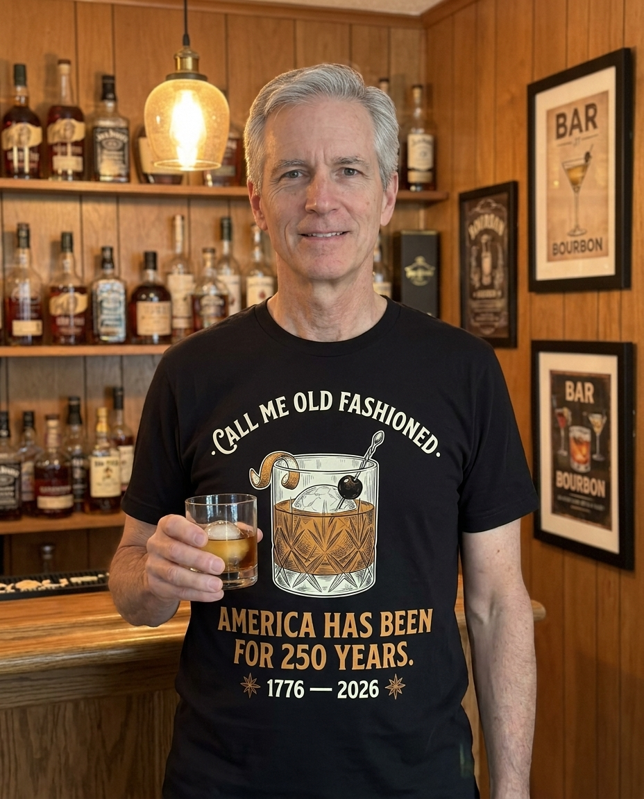 Dad wearing Call Me Old Fashioned t-shirt at home bar with bourbon